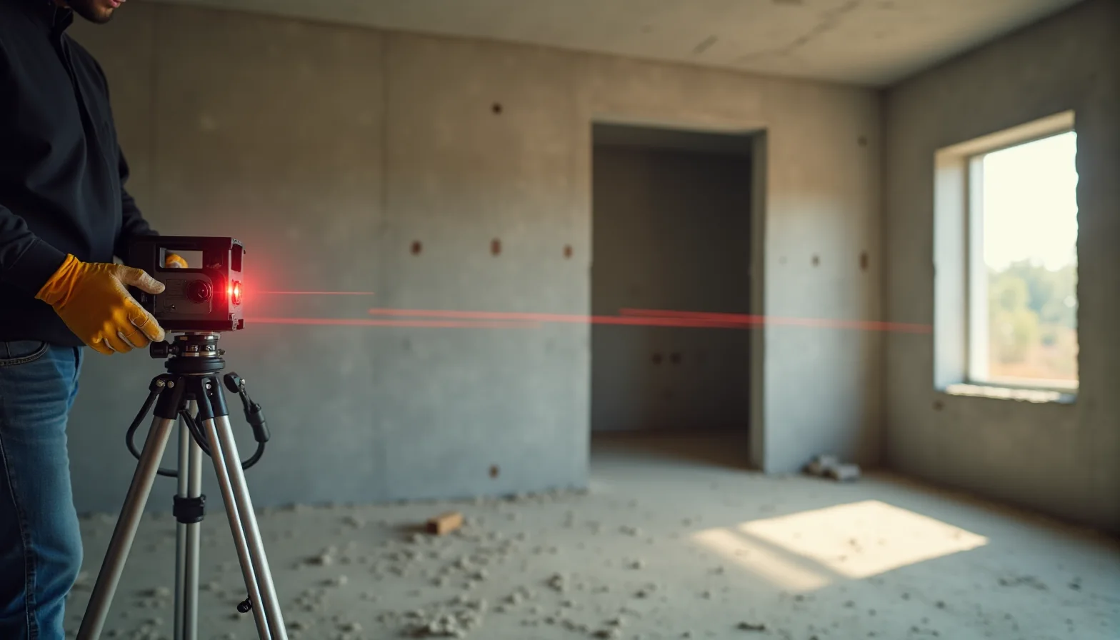 Inspektor ustawia niwelator laserowy na statywie w surowym mieszkaniu